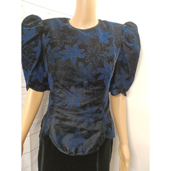 Vtg Scott McClintock Velvet Dress 10 Black Blue Glitter 90s Open Back Scalloped - Picture 4 of 11